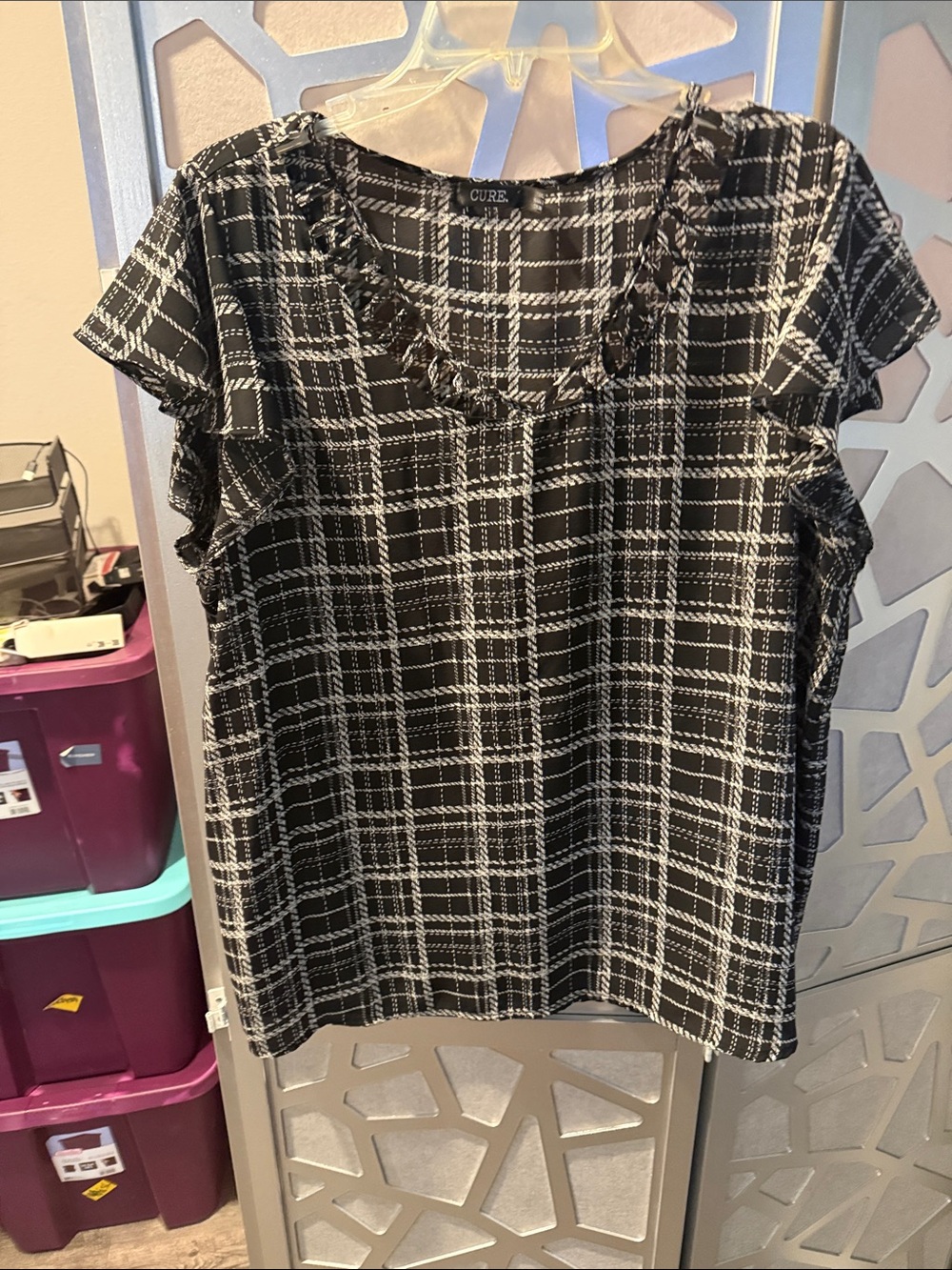 CURE. Black & White Plaid Ruffle-Trim Blouse